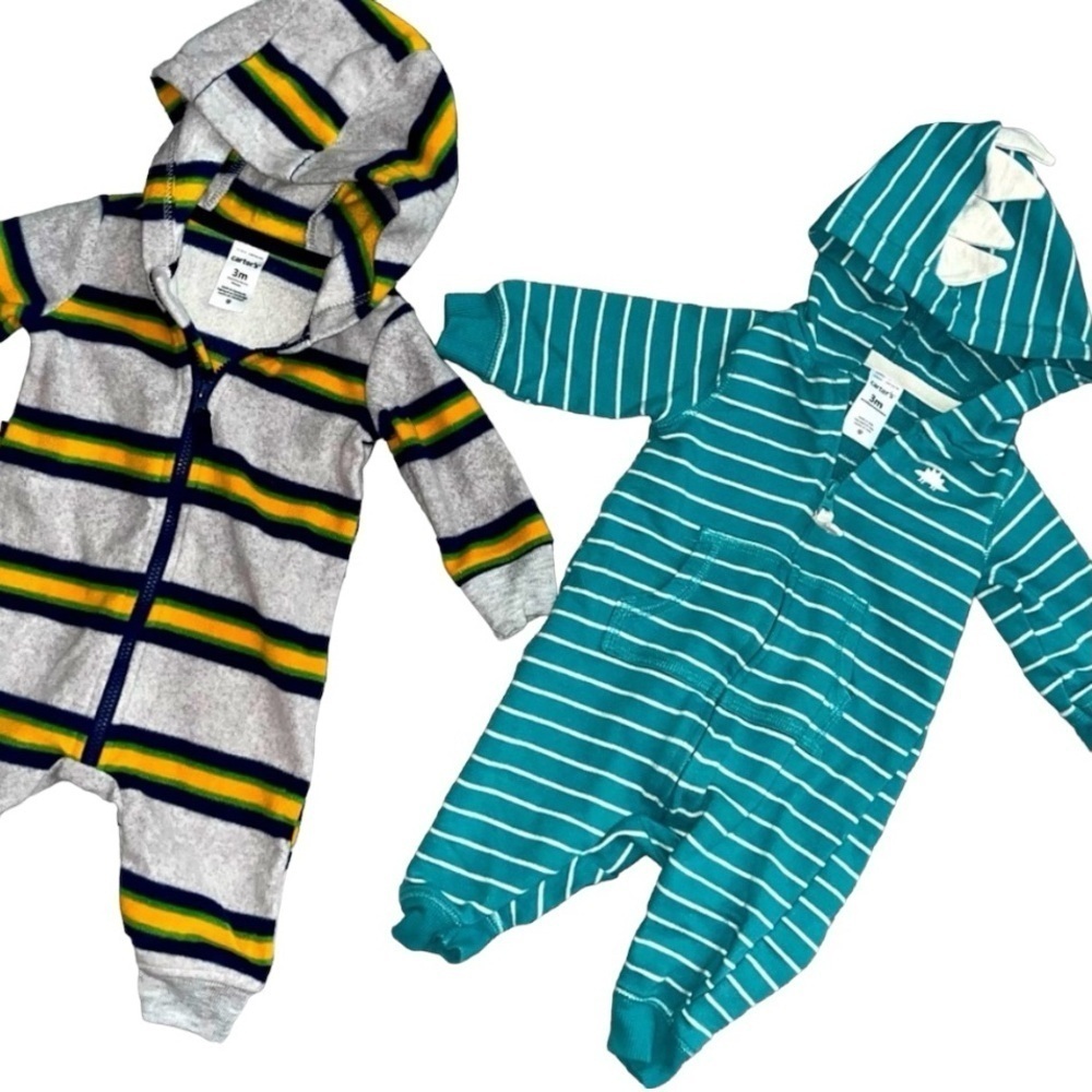 Carters Baby Boy Hooded Jumpsuits Size 3 Months -Lot Of 2